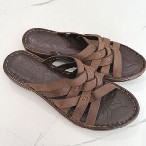 Born Brown Leather Woven Strappy Slides Sandals Womens 11 Comfort Casual Slip On